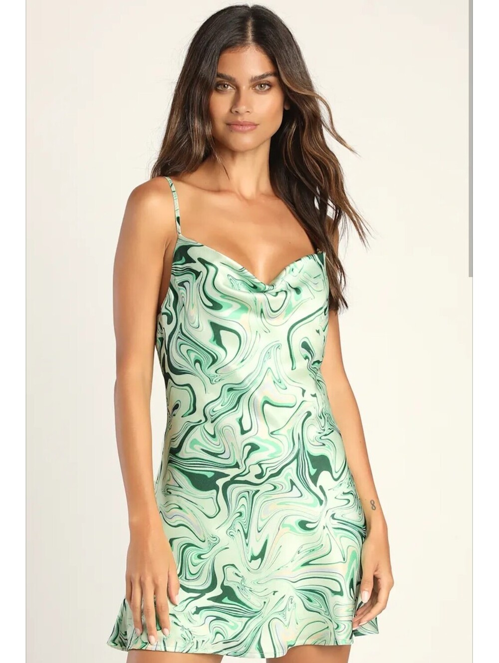 Lulu's Green Marbled Dress Cowl Neck Satin Mini Size Medium